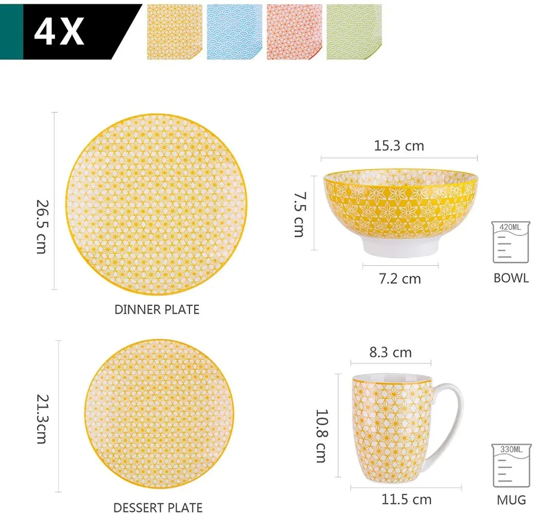 Vancasso Natsuki 16 Pieces Porcelain Multi-Colour Japanese-style Dinnerware Set with 4PCS Dinner Plate Dessert Plate Bowl Mug
