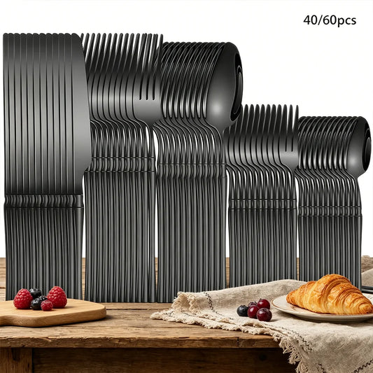 40/60-Piece Black Stainless Steel Cutlery Set, Mirror Polished, Including Dinner Forks, Steak Knives, and Soup Spoons, Suitable