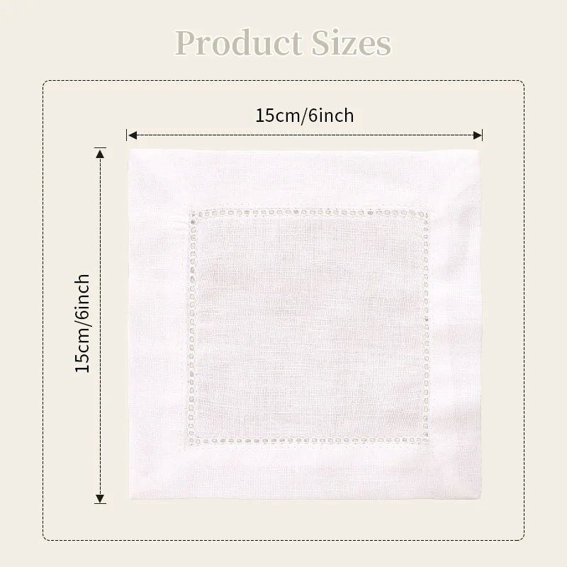 Set of 12 White Linen&Cotton Hemstitched Cocktail Napkins 6X6 Inch Washable Cloth Napkin Coasters for Wedding Bar Beverage Party