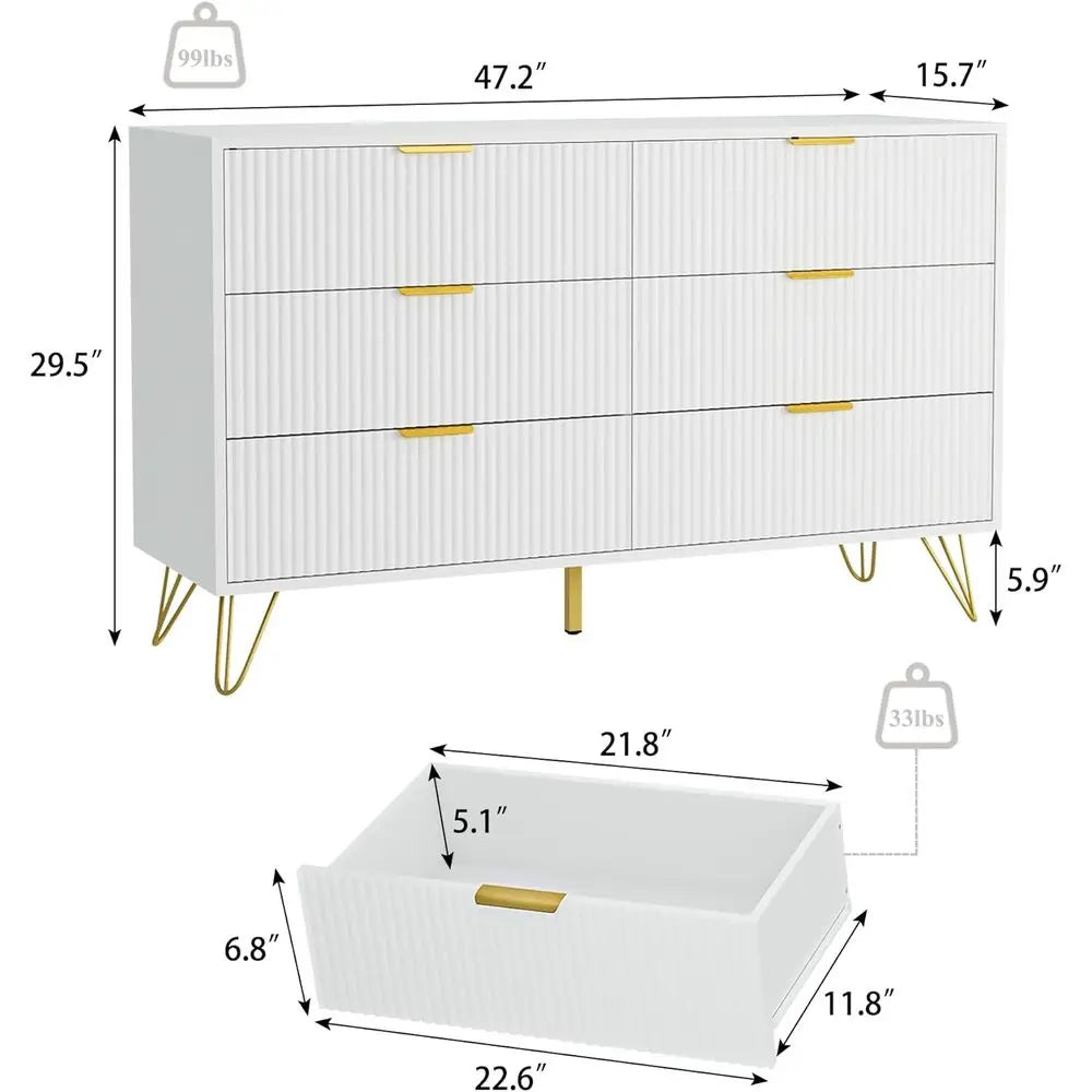 White 6-Drawer Wooden Dresser for Bedroom, Living Room, Hallway, and Entryway