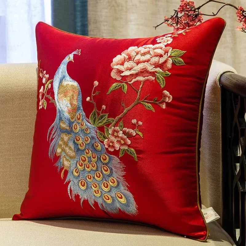 New Chinese Style Embroidered Bird Cushion Cover Living Room Sofa Waist Pillow Luxurious Classical Bed Head Silk Pillowcase