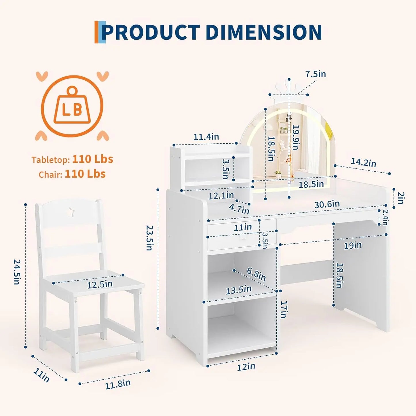 LED Crown Mirror Kids Vanity Table & Chair Set - Storage Cabinet, Open Bookshelf, Drawer, 2-in-1 Princess Makeup Desk, Easy Assembly, Bedroom or Playroom Furniture