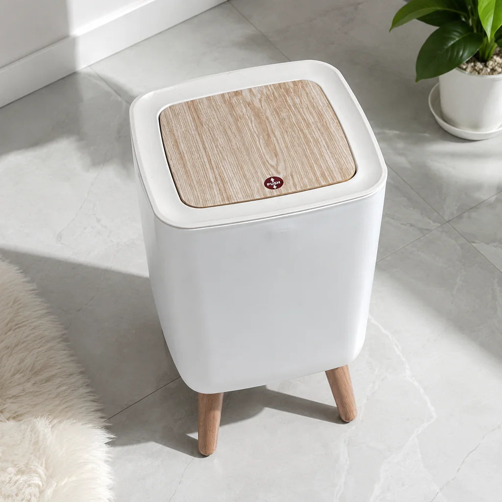 Nordic Standing Press‑Lid Trash Can, Square Cream White Plastic Waste Bin With Decorative Wooden‑Look Legs, Lidded Odor‑Proof Decorative Garbage Bin for Bedroom, Bathroom, Living Room
