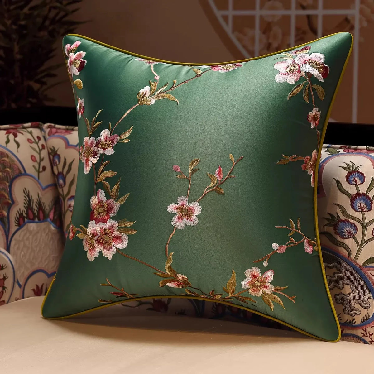 New Chinese Style Embroidered Bird Cushion Cover Living Room Sofa Waist Pillow Luxurious Classical Bed Head Silk Pillowcase
