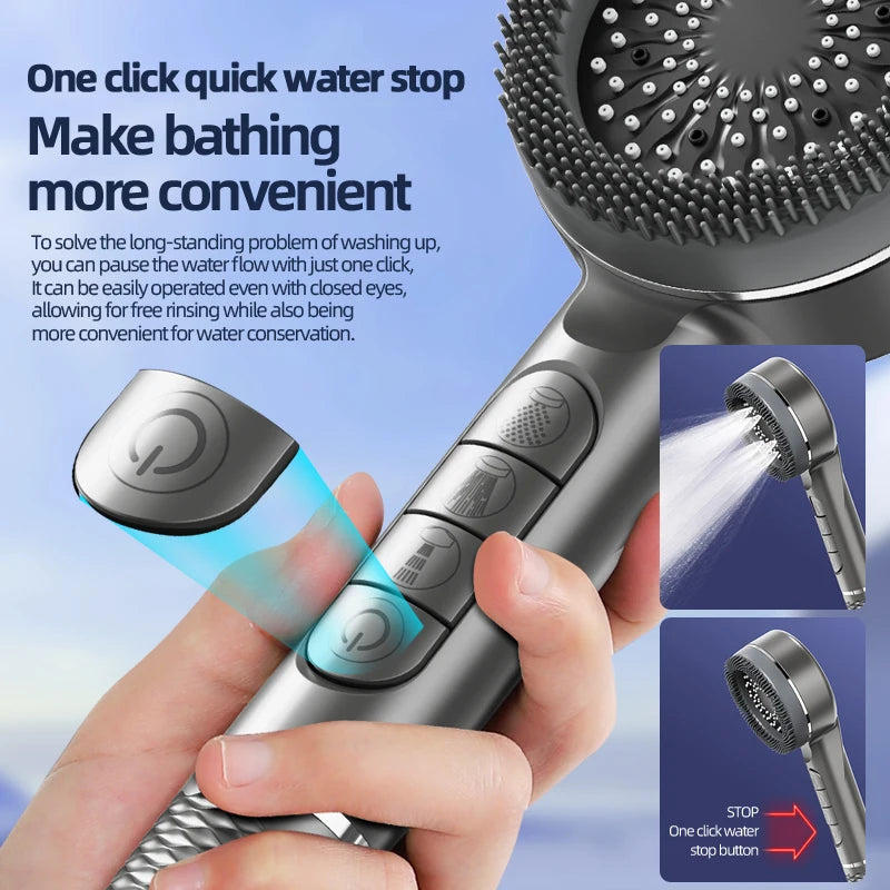 High Pressure Filter Shower Head 4 Spray Modes Massage Silicone Brush Water Stop Button Hose Wall Bracket 10/15/20 Filters