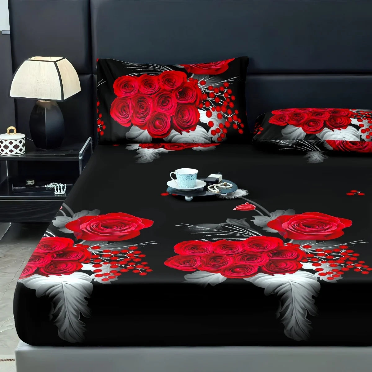 Romantic Red Rose Fitted Sheet Set - Soft Skin-Friendly Bedding Shrink & Fade Resistant for Twin Full Queen King Size Beds