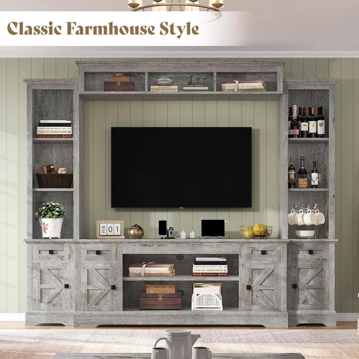 98" armhouse Wall Unit Entertainment Center with Bookshelves, Wine Cabinet, its 75" TVs, Large TV Stand with Power Outlets & Bar