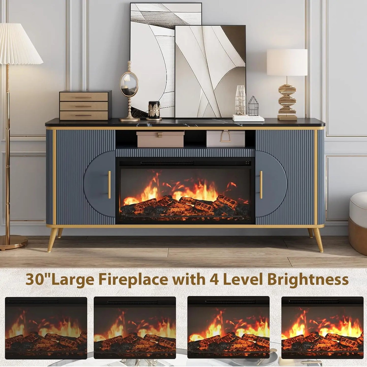 Modern Fluted TV Stand with Electric Fireplace for up to 80'' TVs Luxury Customizable Media Entertainment Center