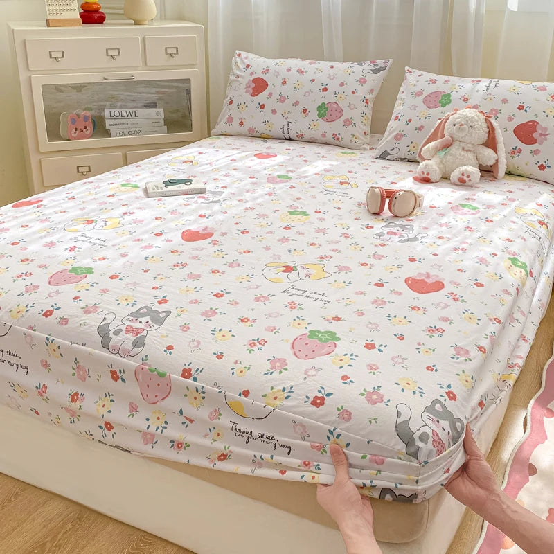 2025 New Bed Hat Print Cartoon Water Clouds Cotton Bedspread Student Mattress Cover Skin Friendly Full Wrap with Elastic Sheet