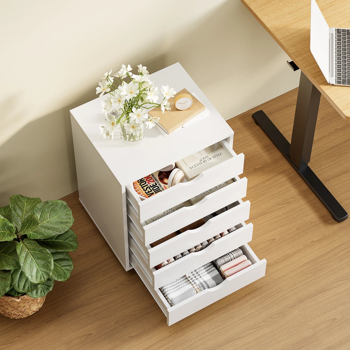 JHK Wood Cabinet For Living Room With 5 Drawers Waterproof Surface Storage Organizer Easy To Move Display Of Furniture