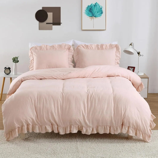 Ruffled Microfiber Duvet Cover Set – Washed Microfiber, Soft & Breathable, Button Closure with Corner Ties, 3-Piece Bedding Set (90"x90" Duvet Cover + 2 Pillowcases), Pink