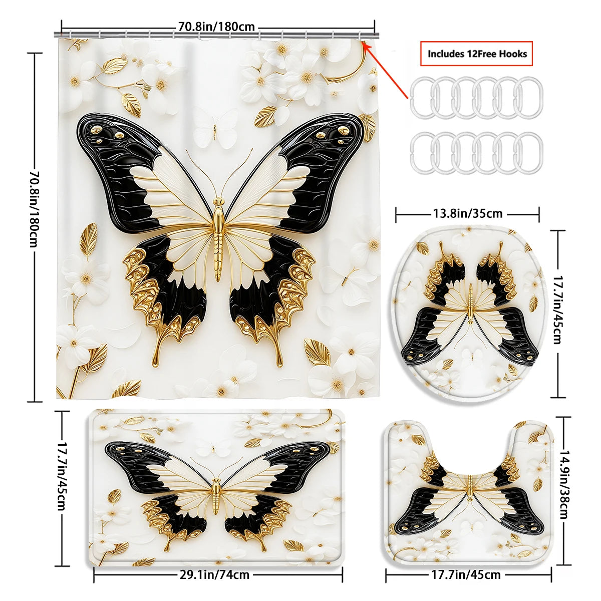 4Pcs Luxury Gold Butterfly Shower Curtain Set with Hooks, Elegant Black White Floral Print Waterproof Mildew Resistant Fabric Bath Mat for Family Bathroom Home Decor