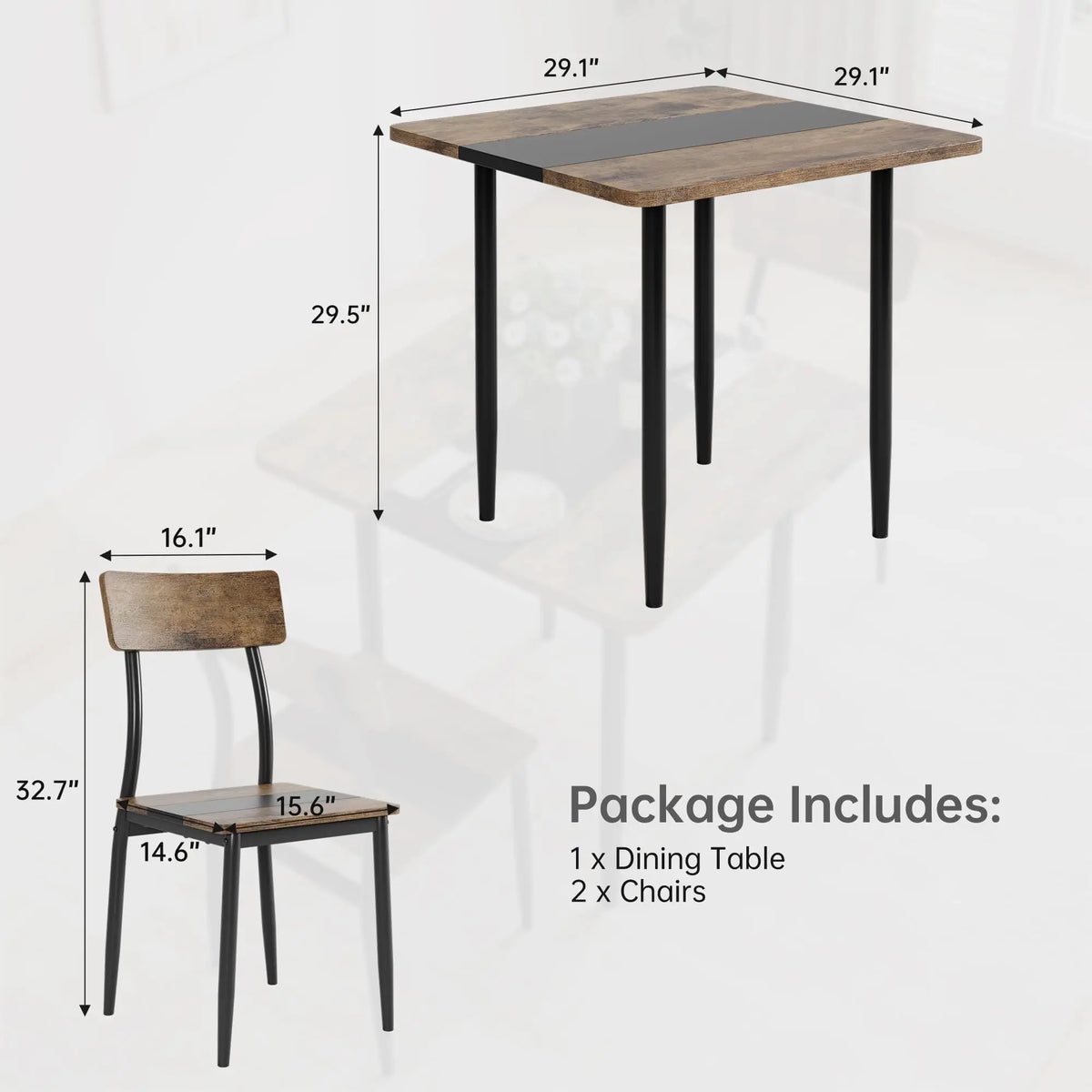 3-Piece Dining Table Set For 2, Small Kitchen Table With 2 Chairs, Two-Tone MDF Top, Metal Frame, Space Saving Apartment Dining