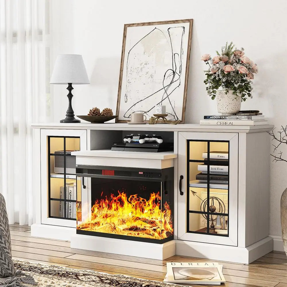59 Fireplace TV Stand, 3 Sided Glass Media Entertainment Center Console Table for TVs up to 65 with Glass Door Adjustable Flame