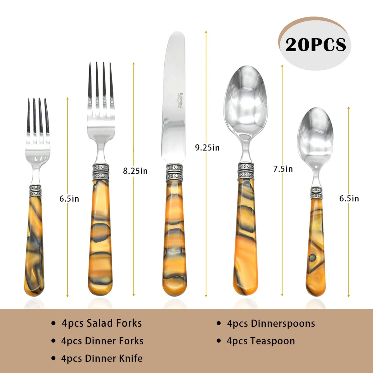 Barenthal Tortue Sandstone Handle Flatware Set 20Pcs Stainless Steel Cutlery Set Vintage Marble Pattern Dinner Fork Knife Spoon Tableware Restaurant Home Dinner Party Steak Dessert Silverware