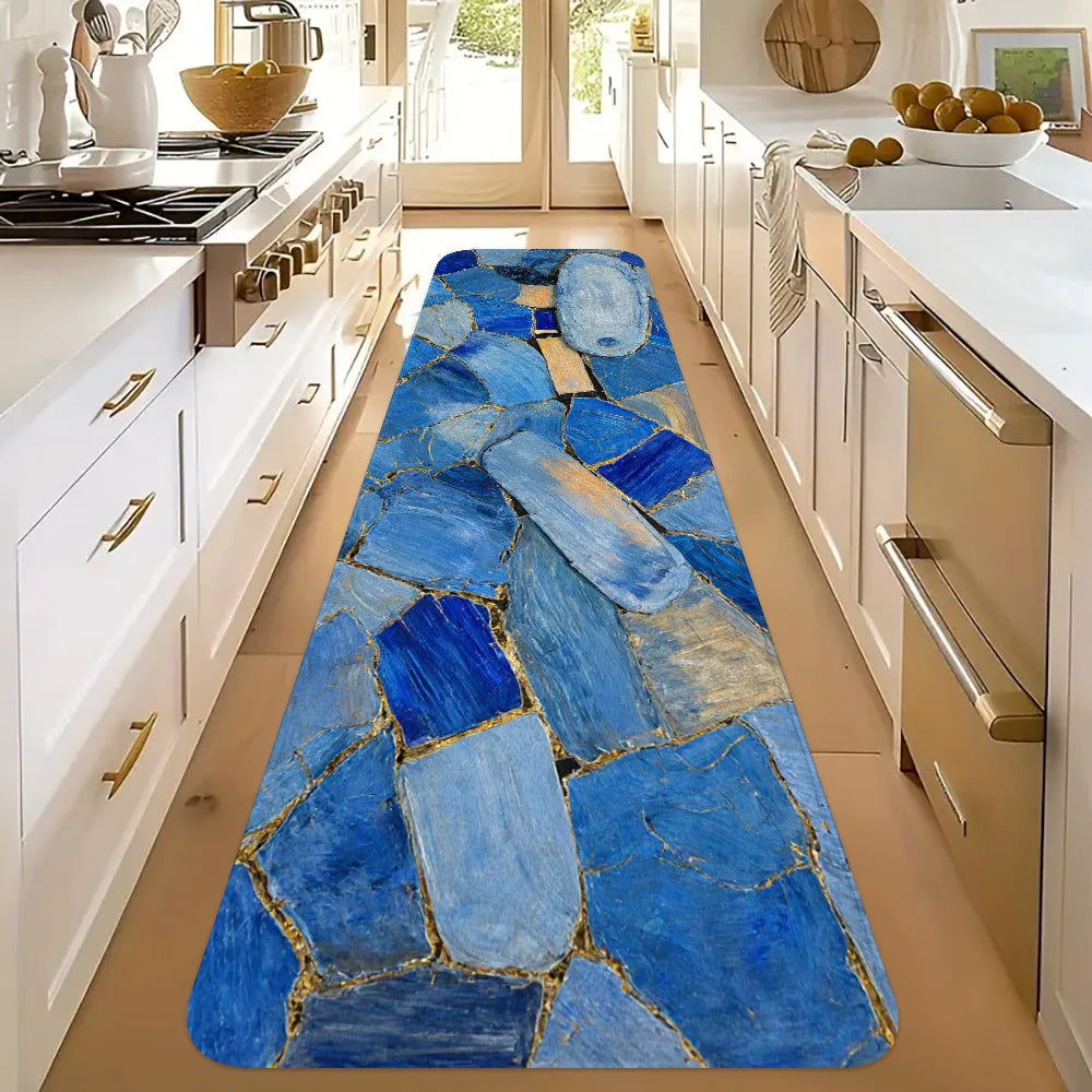 Blue Marble Gold Crack Mosaic Stone Print Runner Rug, Non-Slip Washable Mat for Kitchen Entryway Hallway Modern Minimalist Home