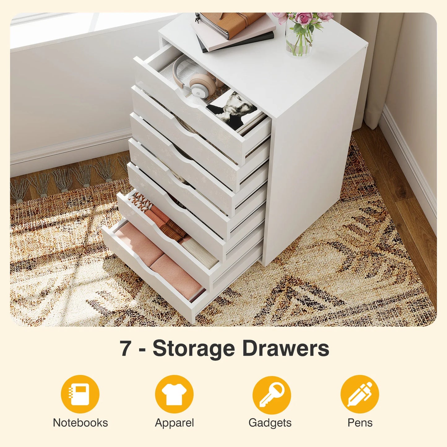 MCQ Wood 7 Drawer Cabinet For Living Room File Cabinet with Storage Under Desk Storage Organization Holds Printer Tables Storage Closet Chest Living Room Furniture