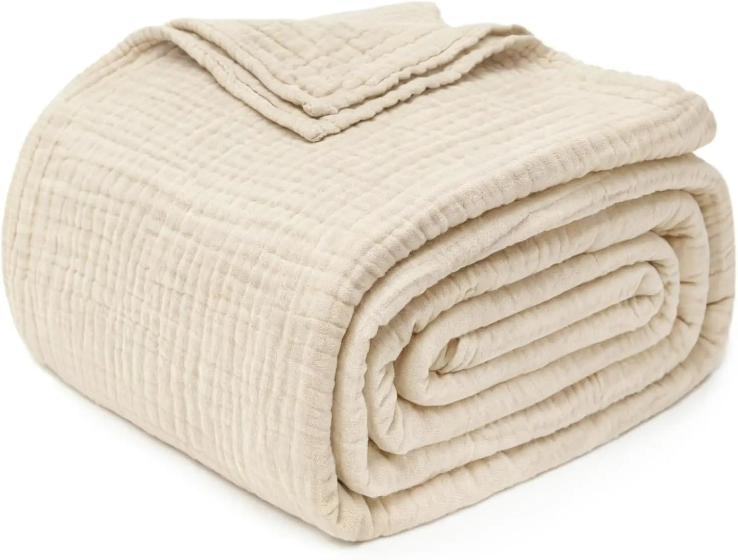 100% Cotton Muslin Throw Blanket for Couch, Bed, Sofa - Lightweight, Breathable, All-Season Luxury Gift in Light Tan