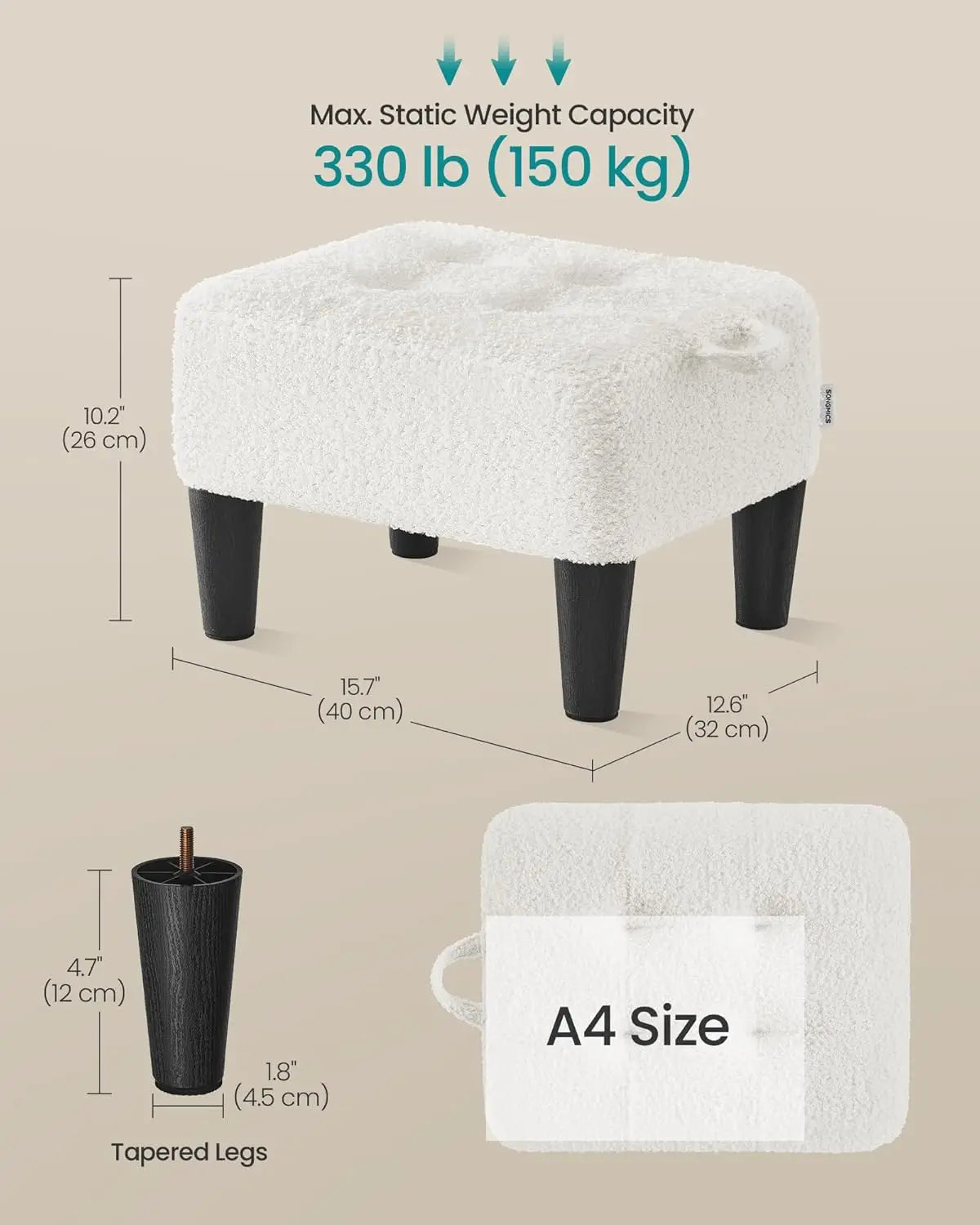 Teddy Fleece Foot Stool Ottoman with Thick Cushion, 330 lb Capacity, Cream White and Ink Black