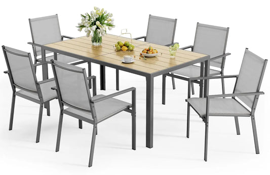 Patio Table and Chairs Set for 6, Outdoor Dining Set Includes 59.5" Rectangle Patio Table with Side Umbrella Hole, Customized