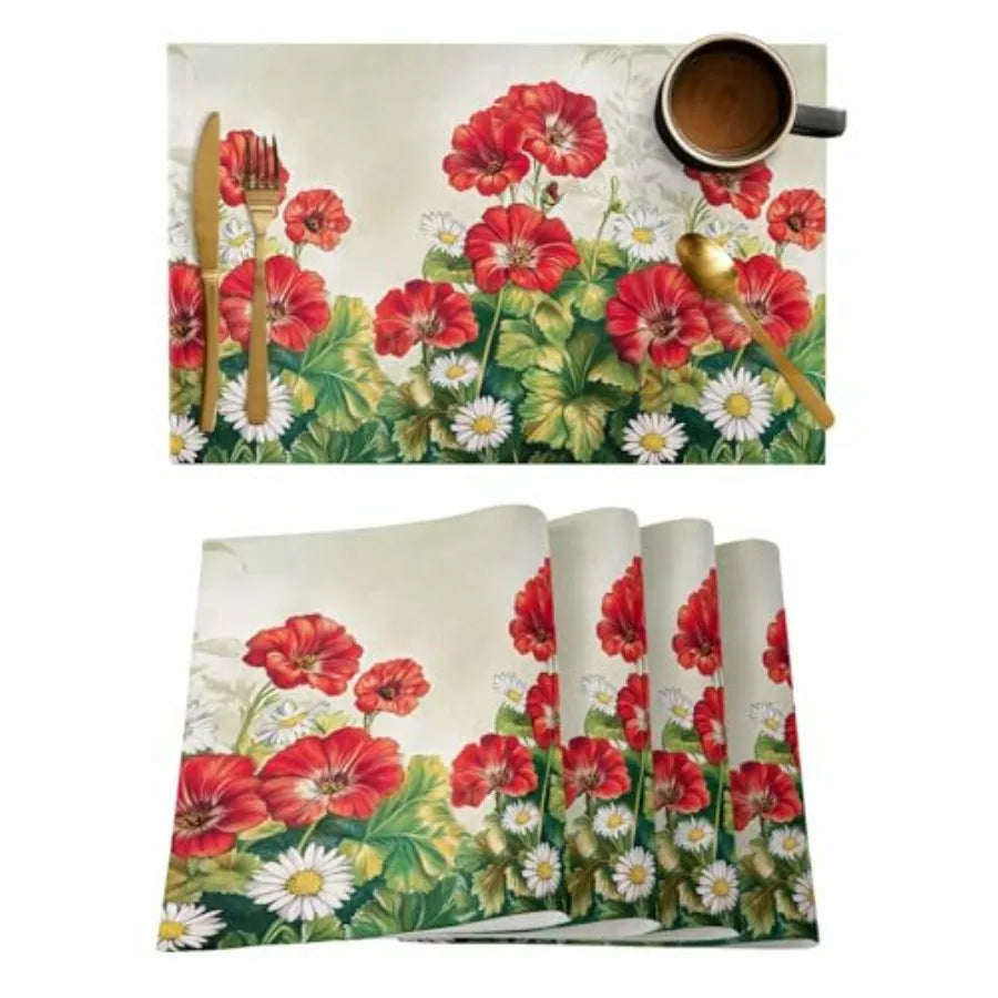 Table Placemats Set of 4 Summer Botanical Blossom Floral Wipeable Place Mats for Dining Tables Country Wild Flowers Washable Ta