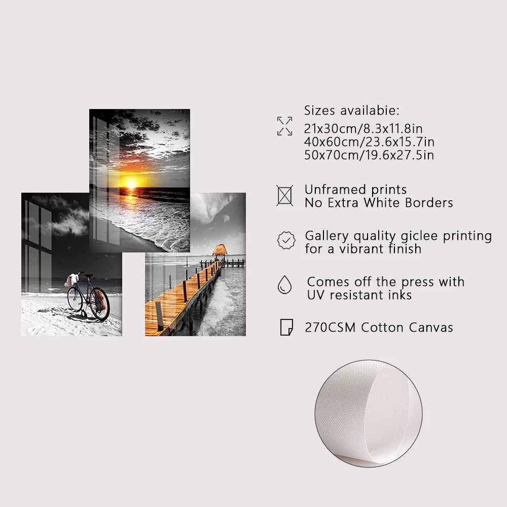 3PCS Frameless Canvas Beach Sunrise Paintings Prints Black White Landscape Pictures Modern Pictures for Bedroom Living Room Home