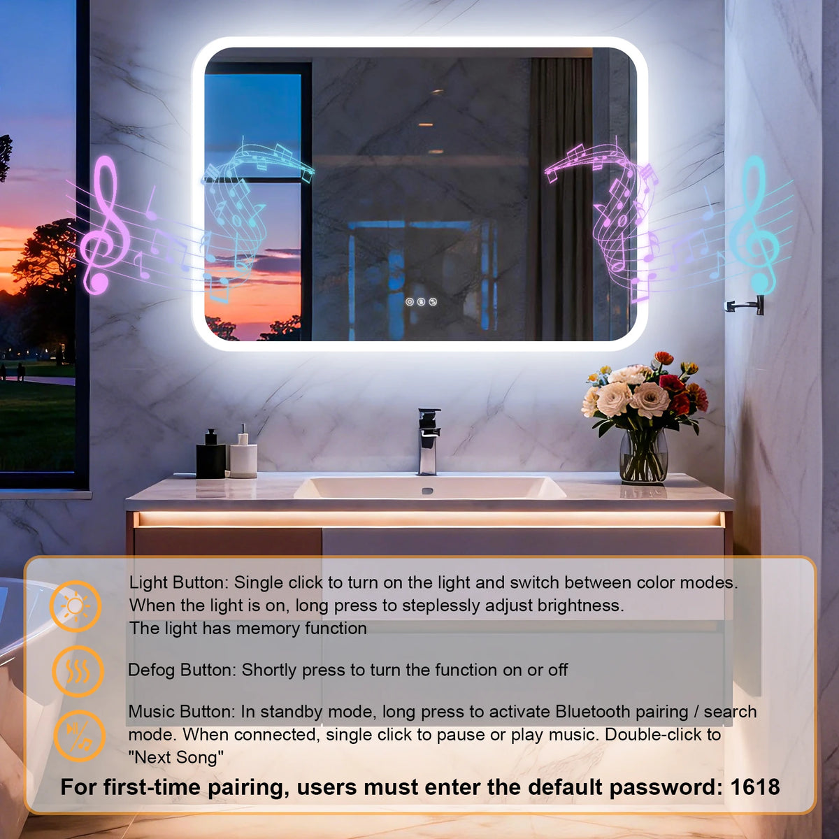 Smart LED Bathroom Mirror with Bluetooth Speakers Rectangle Illuminated Vanity Mirror Dimmable 3 Colors Anti Fog Touch Control Wall Mount