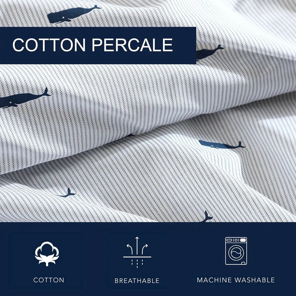 King Size Cooling Sheets Set with Smooth Cotton Percale Feel - Includes Pillowcases & Fitted Sheet in Whale Stripe Blue
