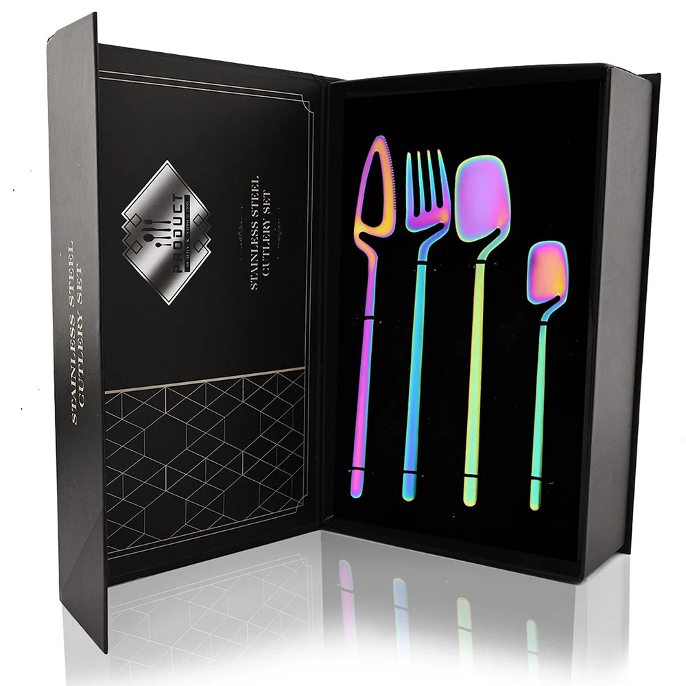 24Pcs Black Dinnerware Set 18/10 Stainless Steel Tableware Set Fork Knife Spoon Cutlery Set Gift Box Flatware Dishwasher Safe