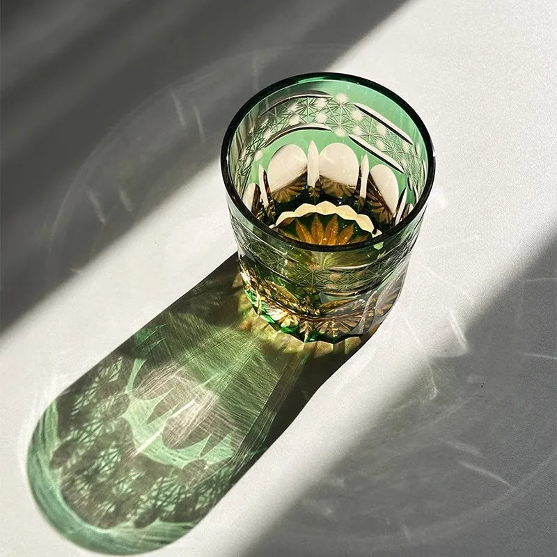 Chamvin Japanese Edo Kiriko Stellar Pulse Whiskey Glass , Hand Carved, Wooden Box Gift, Thick Bottom Wine Glass