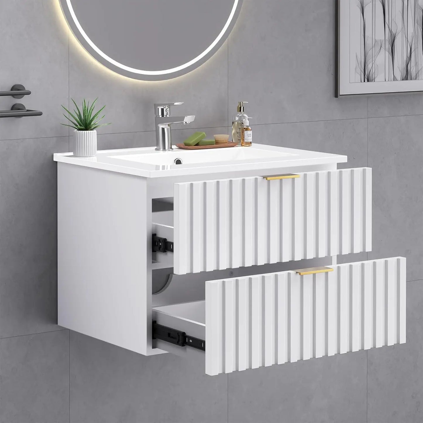 Bathroom Vanity with Sink, Wall Mounted Fluted Cabinet with 2 Golden Metal Handle Drawers, Floating Bathroom Cabinet(Black, 24")