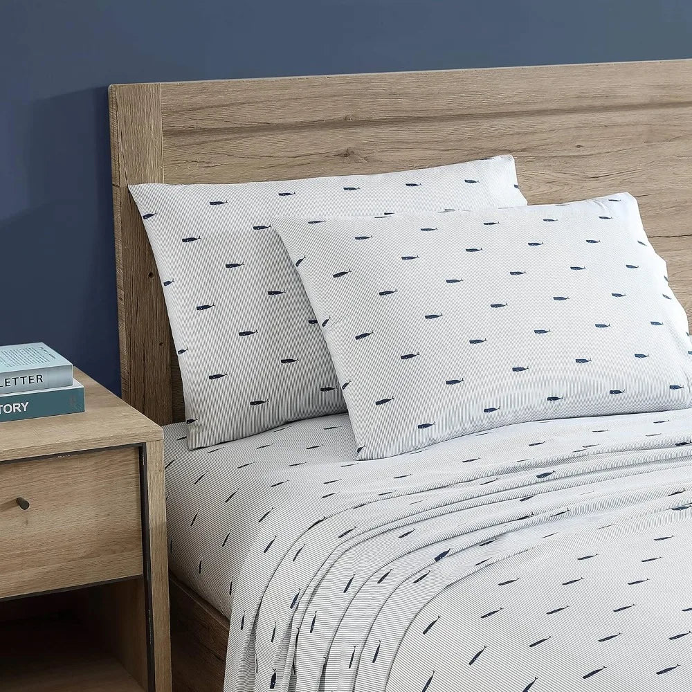King Size Cooling Sheets Set with Smooth Cotton Percale Feel - Includes Pillowcases & Fitted Sheet in Whale Stripe Blue