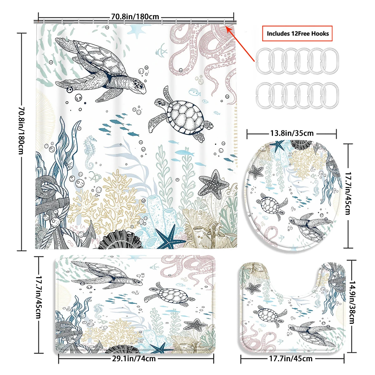 4 Pcs/Set Sea Turtle & Coral Shower Curtain Bathroom Set, Coastal Nautical Print Waterproof Mildew Resistant Fabric, Family Bathroom Decor, Minimalist Ocean Style Bath Mat Set, Fits Apartment, Guest Bathroom, Home Use, Includ