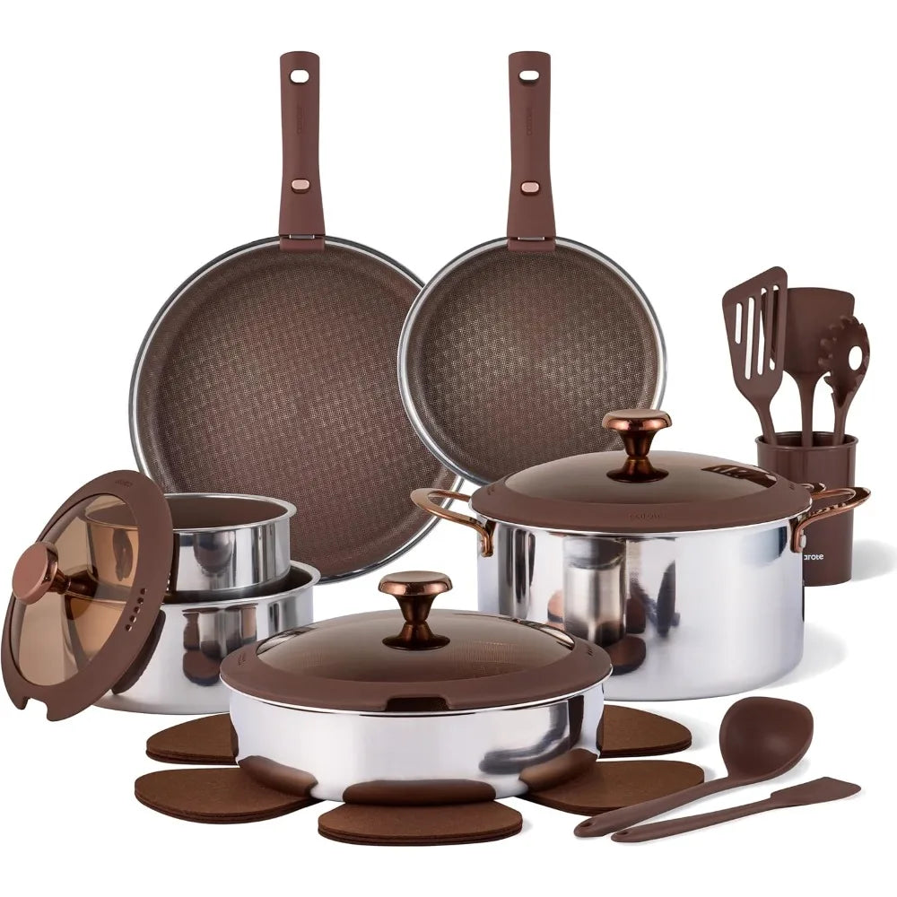 US Shipping 22-Piece Stainless Steel Cookware Set with Detachable Handle Ceramic Hybrid Nonstick Pots and Pans Titanium