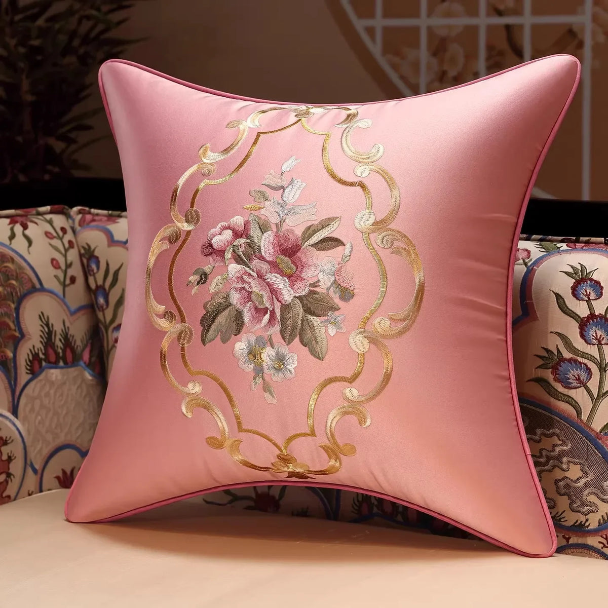 New Chinese Style Embroidered Bird Cushion Cover Living Room Sofa Waist Pillow Luxurious Classical Bed Head Silk Pillowcase