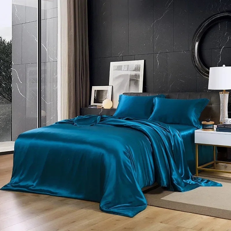 Mulberry 100% Silk Bedding Sets Skin Friendly Ice Silk Bed Sets Quilt Cover with Bed Sheet Pillowcase King Queen Full Twin Size
