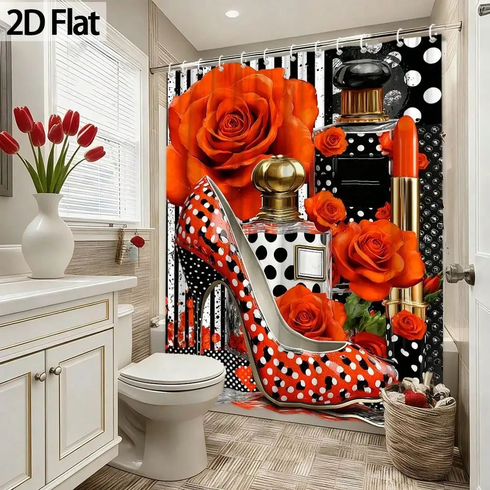 2D Flat, 1pc 2D Flat Shower Curtain with Rose Floral Pattern, Paired with Black and White Polka Dots and High Heels