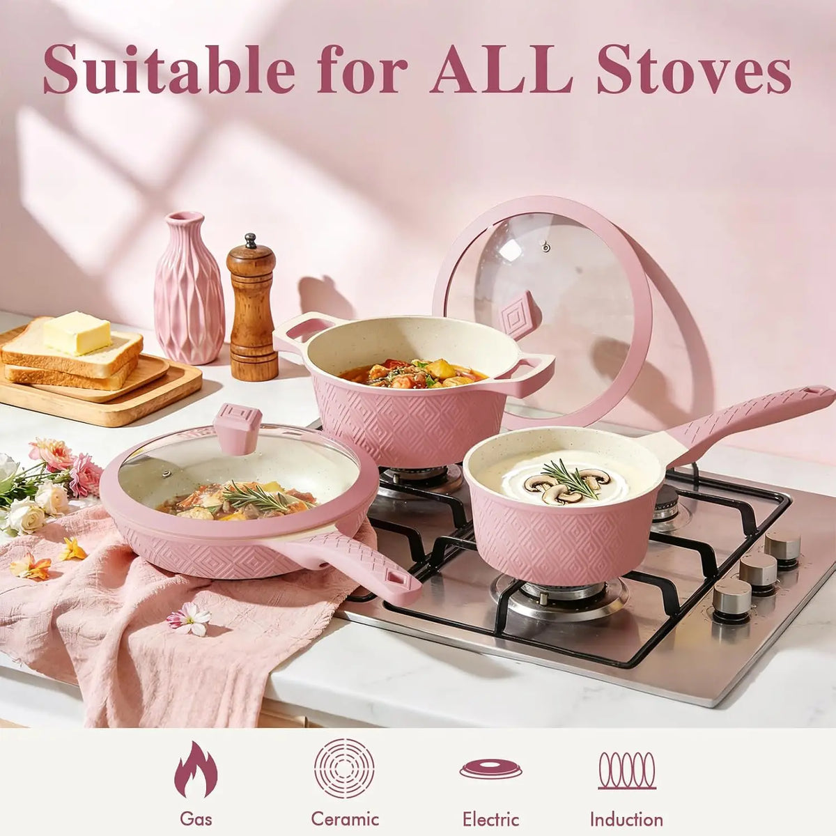 Pink Cookware Set 26 Pieces Non Stick Pots Pans Induction Safe Steamer Silicone Utensils Housewarming Gift Frying Pan PFOS PFOA