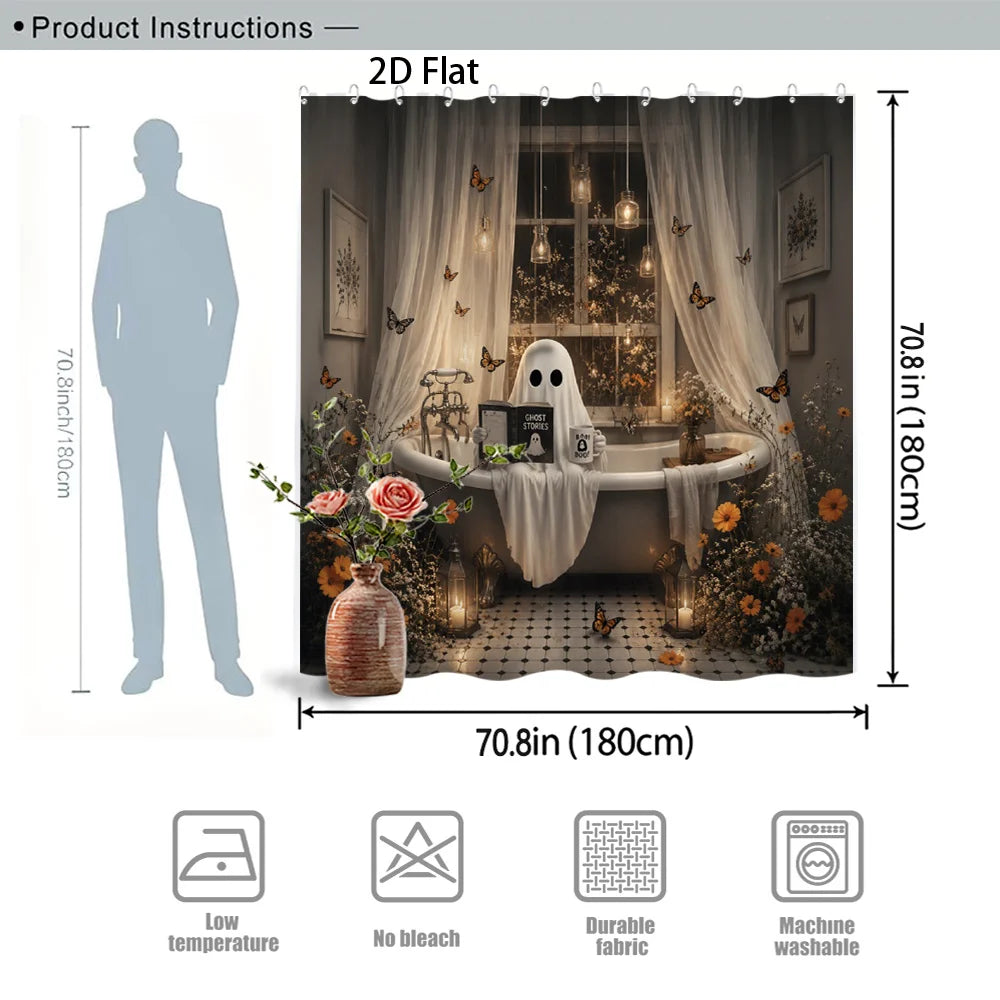 2D Flat, 1pc 2D Large-Sized Shower Curtain with Halloween Ghost Theme, Polyester Fabric Bathroom Decoration, Bathtub Partition