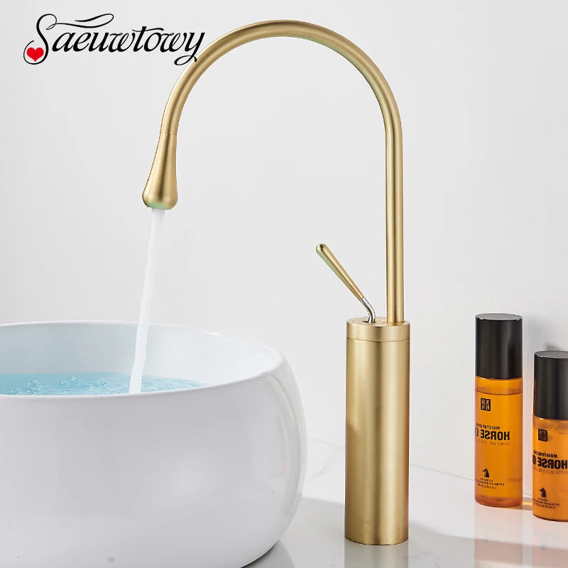 Brushed Golden Brass Art Basin Faucet Bathroom Washbasin Hot Cold Tap 360 Swivel Waterfall Gold Tall Model Mixer Deck Mounted