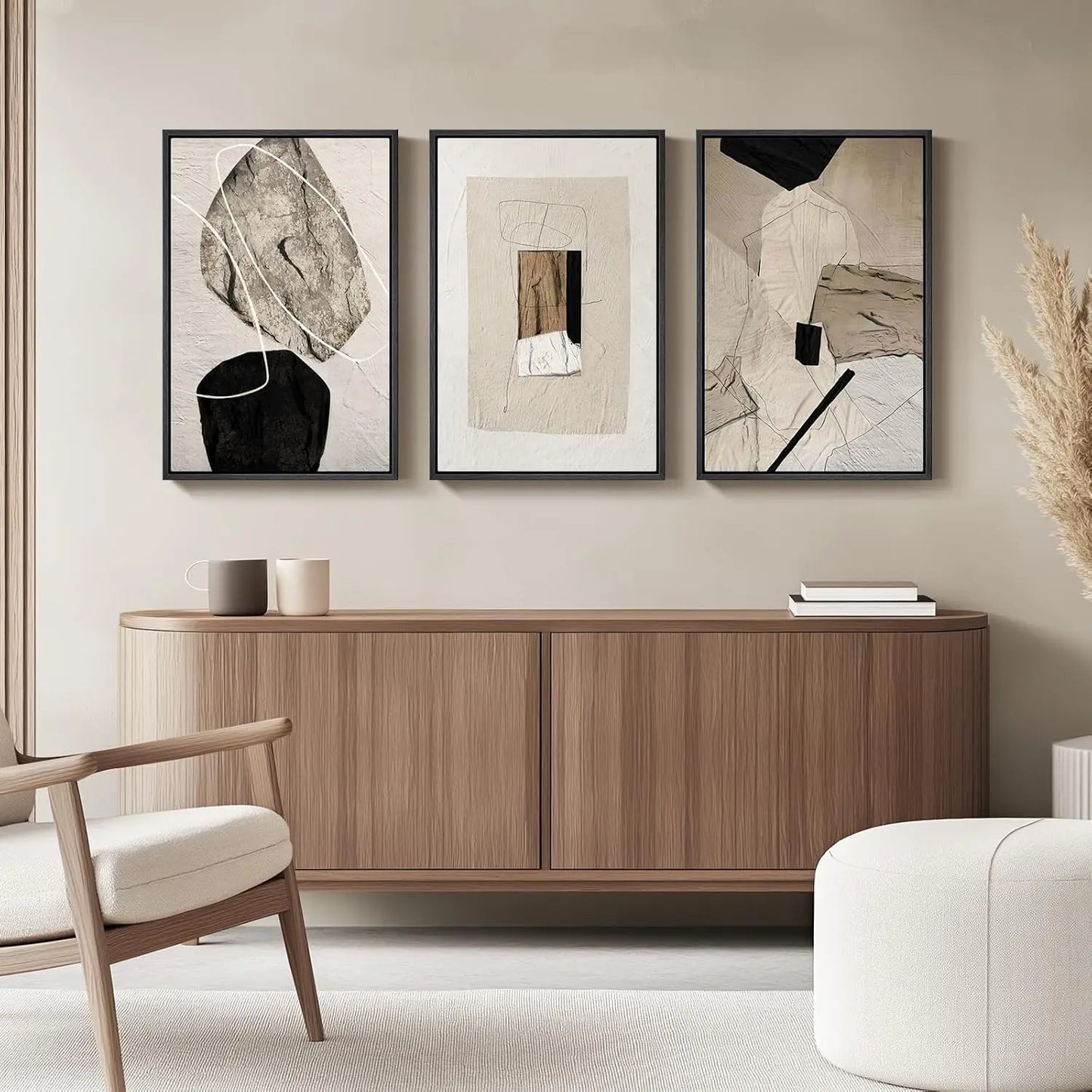 Set of 3 Modern Abstract Canvas Prints in Black and Beige, Neutral Wall Art for Living Room, Bedroom, Office Decor 16x24 Inch