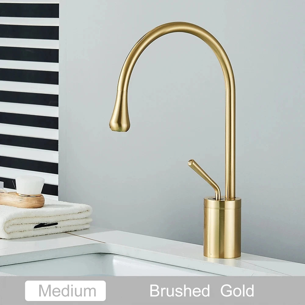 Brushed Golden Brass Art Basin Faucet Bathroom Washbasin Hot Cold Tap 360 Swivel Waterfall Gold Tall Model Mixer Deck Mounted