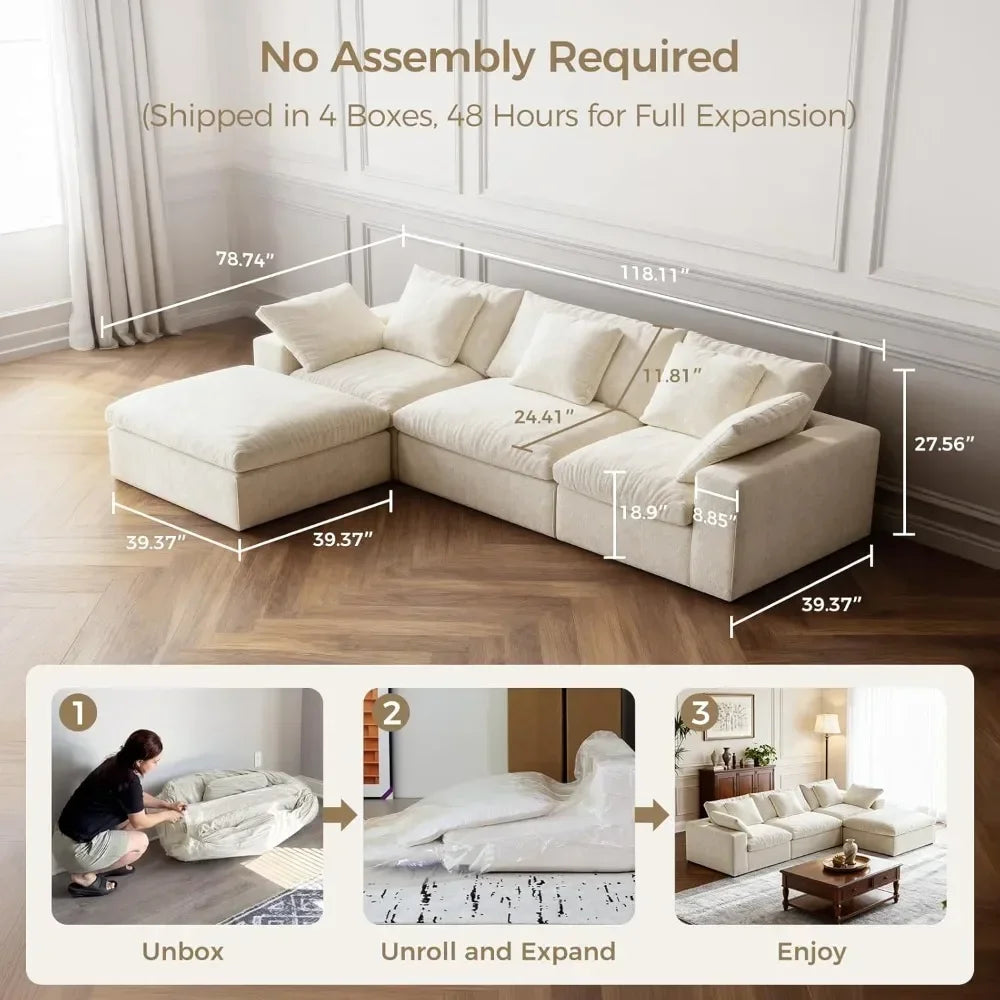 120'' L-Shaped Cloud Couch Modular Sectional Sofa Extra-Wide with Ottoman Deep Seat Comfortable Living Room Customized