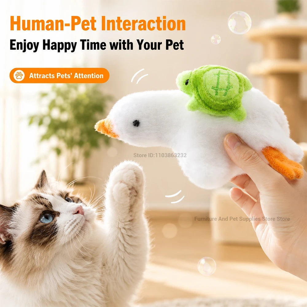 Interactive cat toy: motorized realistic duck with quacking sounds and flapping wings; plush chew toy for puppies and kittens