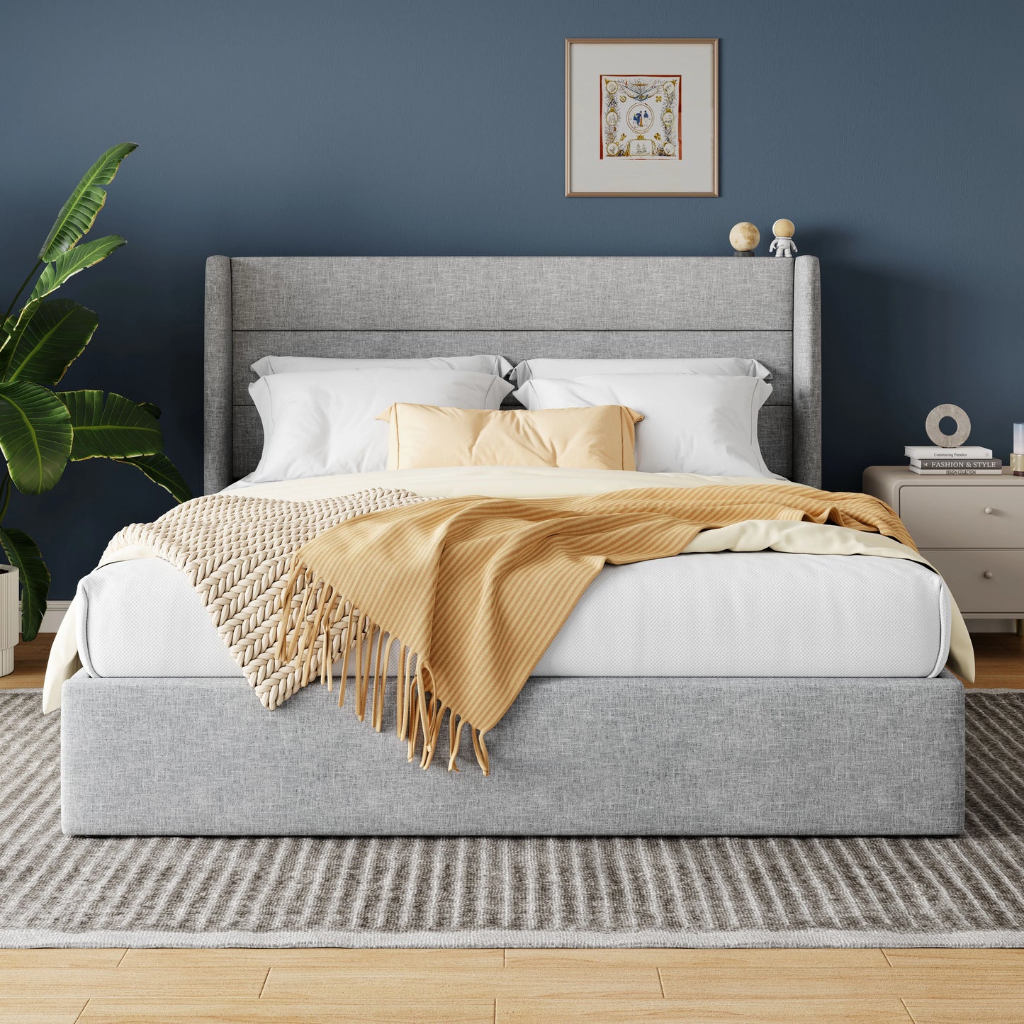 HOOMIC Lift Up Storage Bed with Wingback Headboard/Heavy-Duty Hydraulic Bed/Large Underneath Storage Allewie