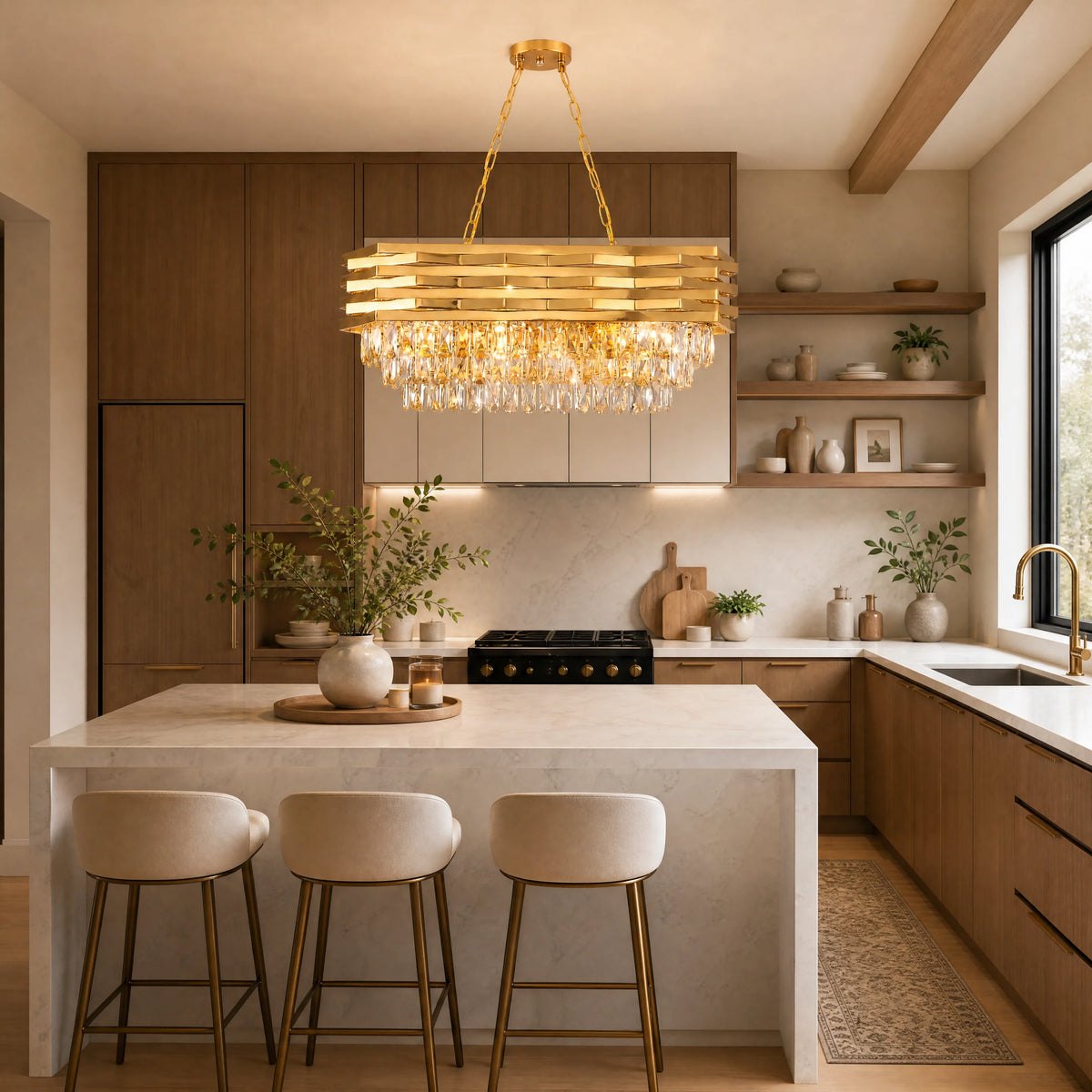 Modern Gold Crystal Chandelier, Luxury Pendant Light with Adjustable Hanging Chain, Rectangular K9 Crystal 8‑Light E14 Base Ceiling Lamp for Kitchen Island Dining Room Living Room