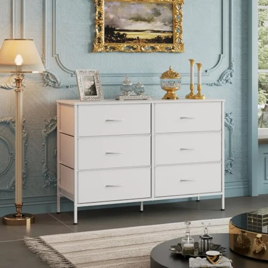 Wide Dresser with 6 Fabric Drawers, TV Stand for 50" TV, Closet Dresser with Metal Frame, Wooden Top, Fabric Dressers for Bedroom