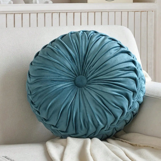 Decorative Round Pleated Seat Cushion, Classy Accent Wheel Throw Pillows With Center Button, Vintage Velvet Floor Pillow