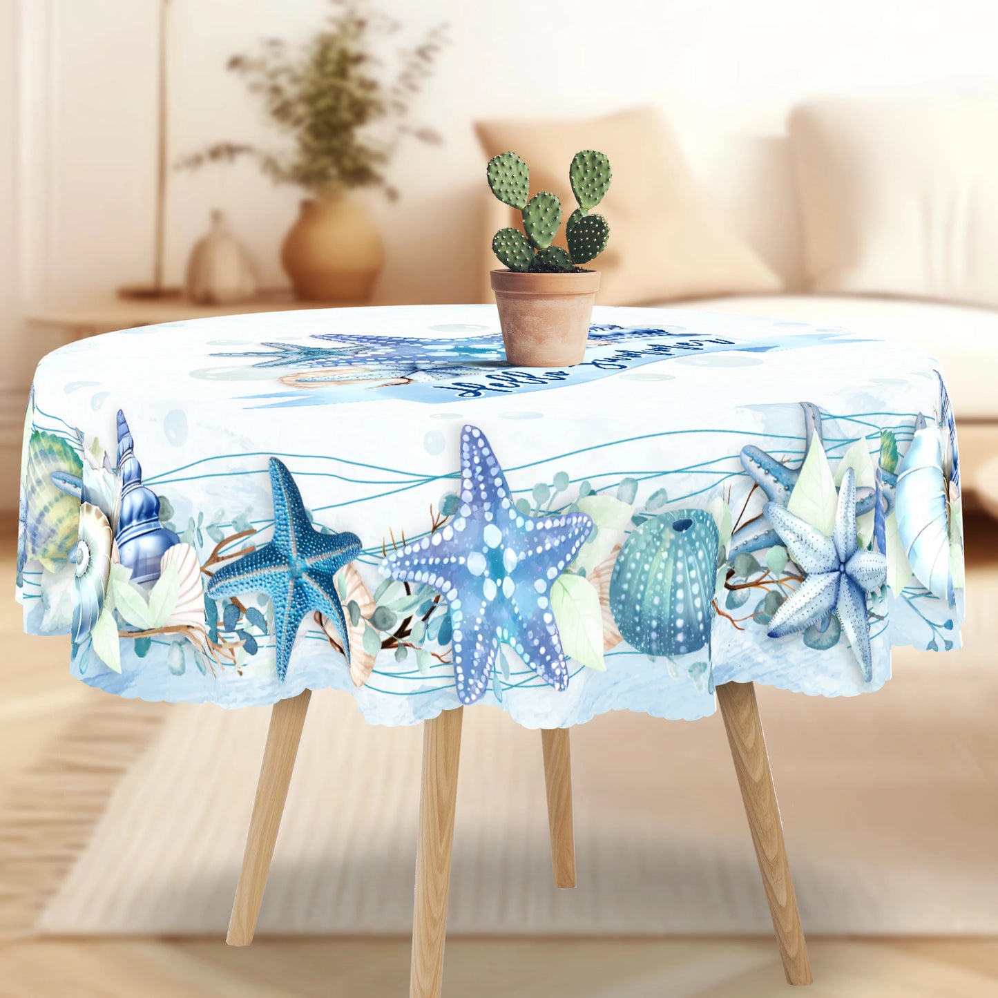 Coastal Tablecloth, Ocean Nautical Table Cloth, Polyester fibre, Coral Starfish Seashell Table Covers, Beach Themed Table