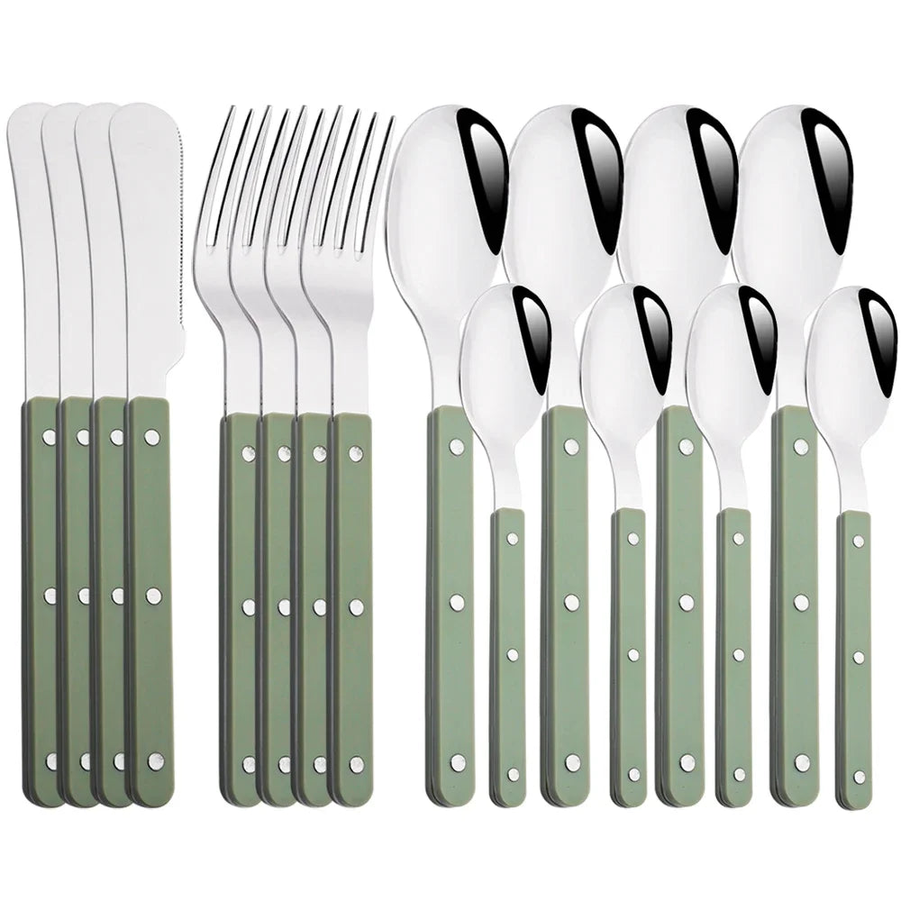 Beige Silver 4/16Pcs Dinnerware Acrylic Handle Knife Fork Spoon Set Stainless Steels Cutlery Set Western Dinner Kitchen Flatware